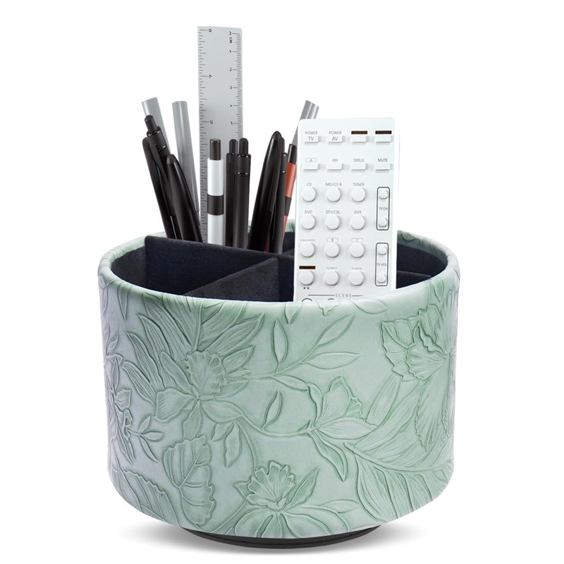 Hennaja Round Leather Art Supply Organizer,Remote Control Holder,360 Degree Spinning,Multi-Functional Pencil Holder,4 Compartments Desktop Stationary Organizer(1-Carved Dark Green) - Image 1