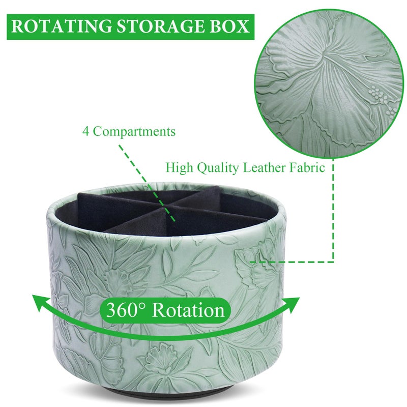 Hennaja Round Leather Art Supply Organizer,Remote Control Holder,360 Degree Spinning,Multi-Functional Pencil Holder,4 Compartments Desktop Stationary Organizer(1-Carved Dark Green) - Image 3