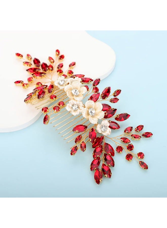 BERYUAN Bridal White Flower Red Crystal Rhinestone Hair Comb for Bride Bridesmaid Sliding side Headpieces Wedding Hair Accessories for Women and Girls (Red) - Image 3