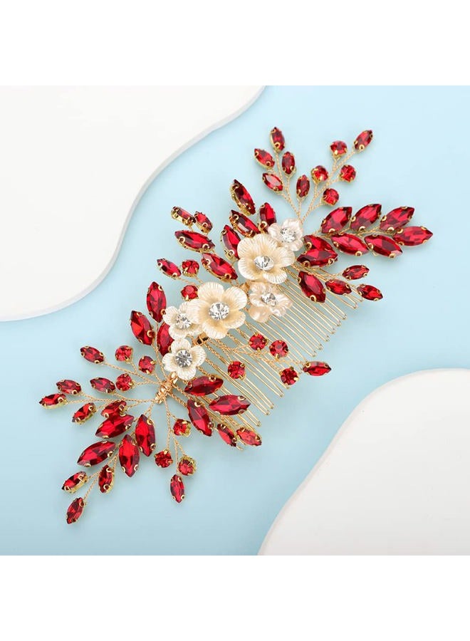 BERYUAN Bridal White Flower Red Crystal Rhinestone Hair Comb for Bride Bridesmaid Sliding side Headpieces Wedding Hair Accessories for Women and Girls (Red) - Image 2