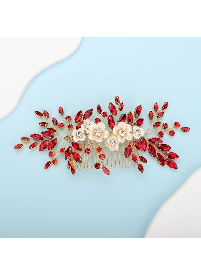BERYUAN Bridal White Flower Red Crystal Rhinestone Hair Comb for Bride Bridesmaid Sliding side Headpieces Wedding Hair Accessories for Women and Girls (Red) - Image 1
