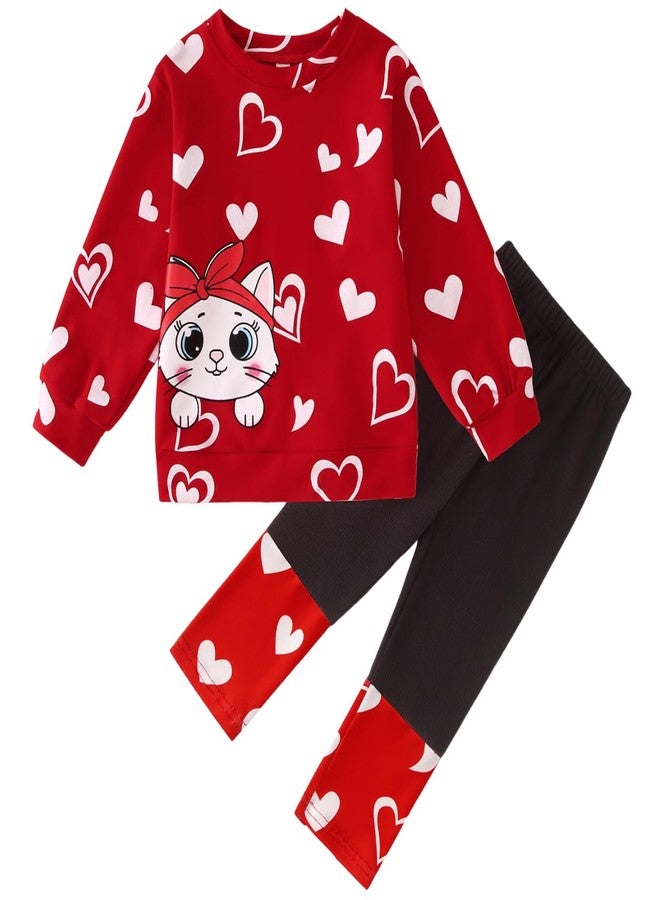 KEKEMI Kid Toddler Girls Valentine's Day Outfits Love Heart Sweatshirt Cute Cat Shirt Pants Set Holiday Clothes Set 2Pcs 2-9Y(Red,8T) - Image 1