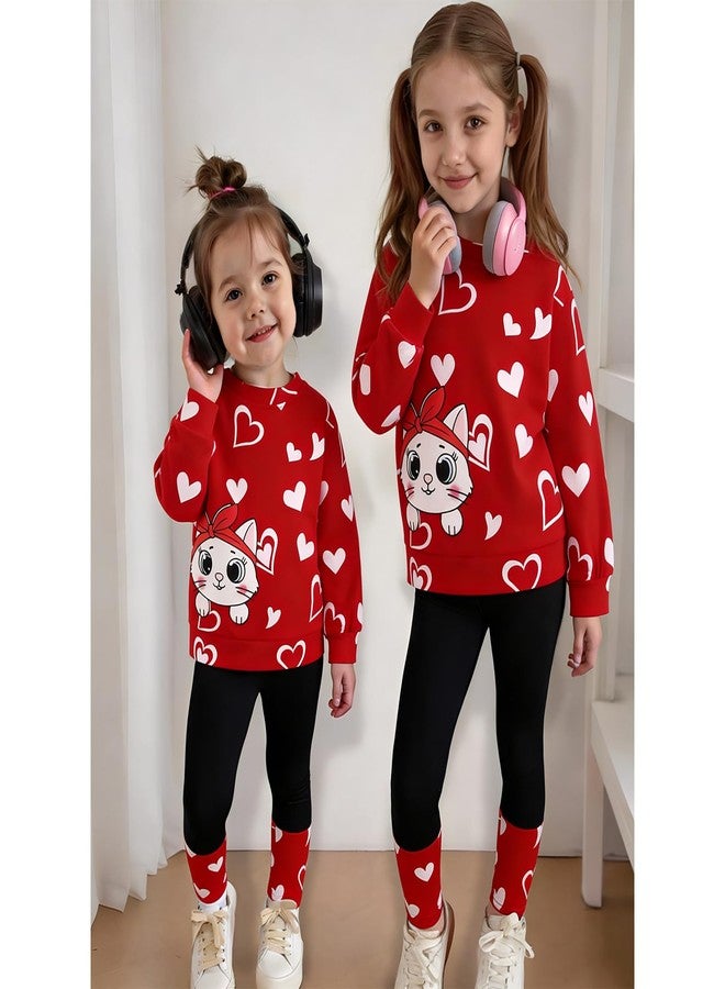 KEKEMI Kid Toddler Girls Valentine's Day Outfits Love Heart Sweatshirt Cute Cat Shirt Pants Set Holiday Clothes Set 2Pcs 2-9Y(Red,8T) - Image 3
