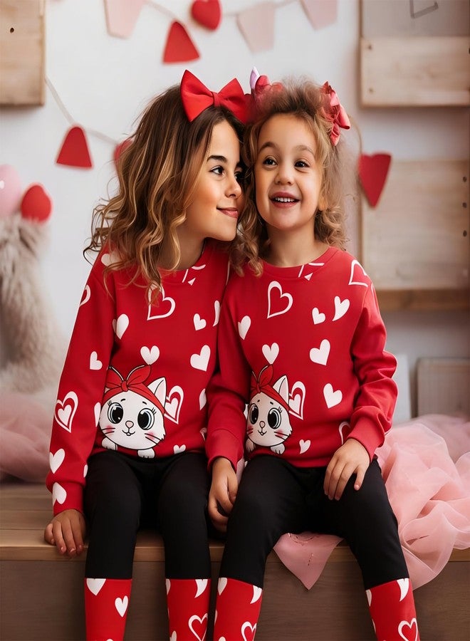 KEKEMI Kid Toddler Girls Valentine's Day Outfits Love Heart Sweatshirt Cute Cat Shirt Pants Set Holiday Clothes Set 2Pcs 2-9Y(Red,8T) - Image 4