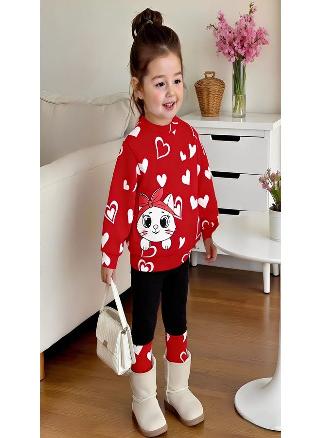 KEKEMI Kid Toddler Girls Valentine's Day Outfits Love Heart Sweatshirt Cute Cat Shirt Pants Set Holiday Clothes Set 2Pcs 2-9Y(Red,8T) - Image 2