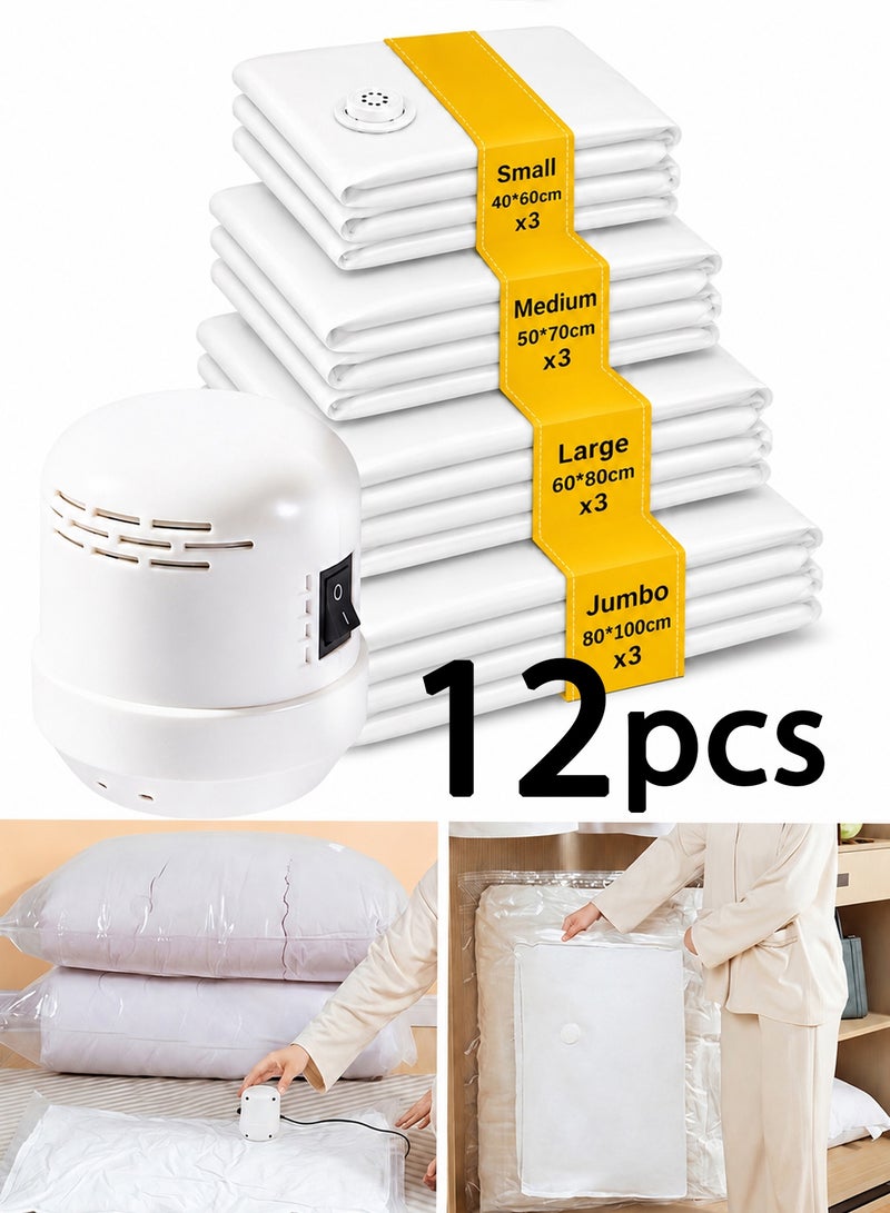 Jourvent Premium Vacuum Storage Bags with Electric Pump, 12 Pack (3 King, 3 Large, 3 Medium, 3 Small), Reusable Space Saver Bags for Clothes, Mattresses, Blankets, Duvets, Pillows, Comforters, Quilts, Travel - Image 1
