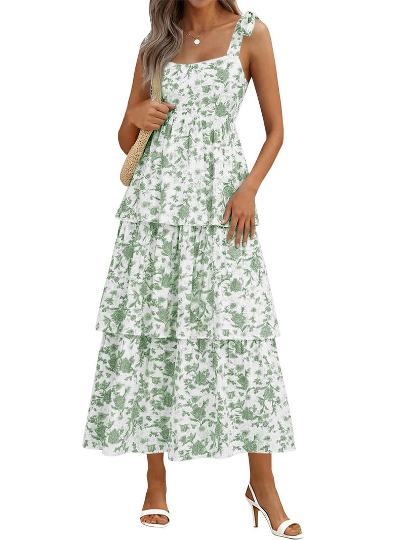 Wenrine Womens Summer Floral Maxi Dress Casual Tie Strap Sleeveless Ruffle Tiered Smocked Loose Boho Beach Dresses Green - Image 1