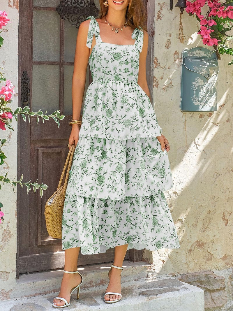 Wenrine Womens Summer Floral Maxi Dress Casual Tie Strap Sleeveless Ruffle Tiered Smocked Loose Boho Beach Dresses Green - Image 2