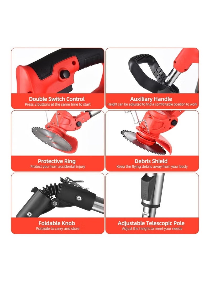 21V Cordless Grass Trimmer with 2pcs 4.0Ah Battery, Fast Charger and 3 Types Cutting Blade, Portable Electric Lawn Trimmer for Garden Yard Lawn Pruning/Trimming Work - Image 3