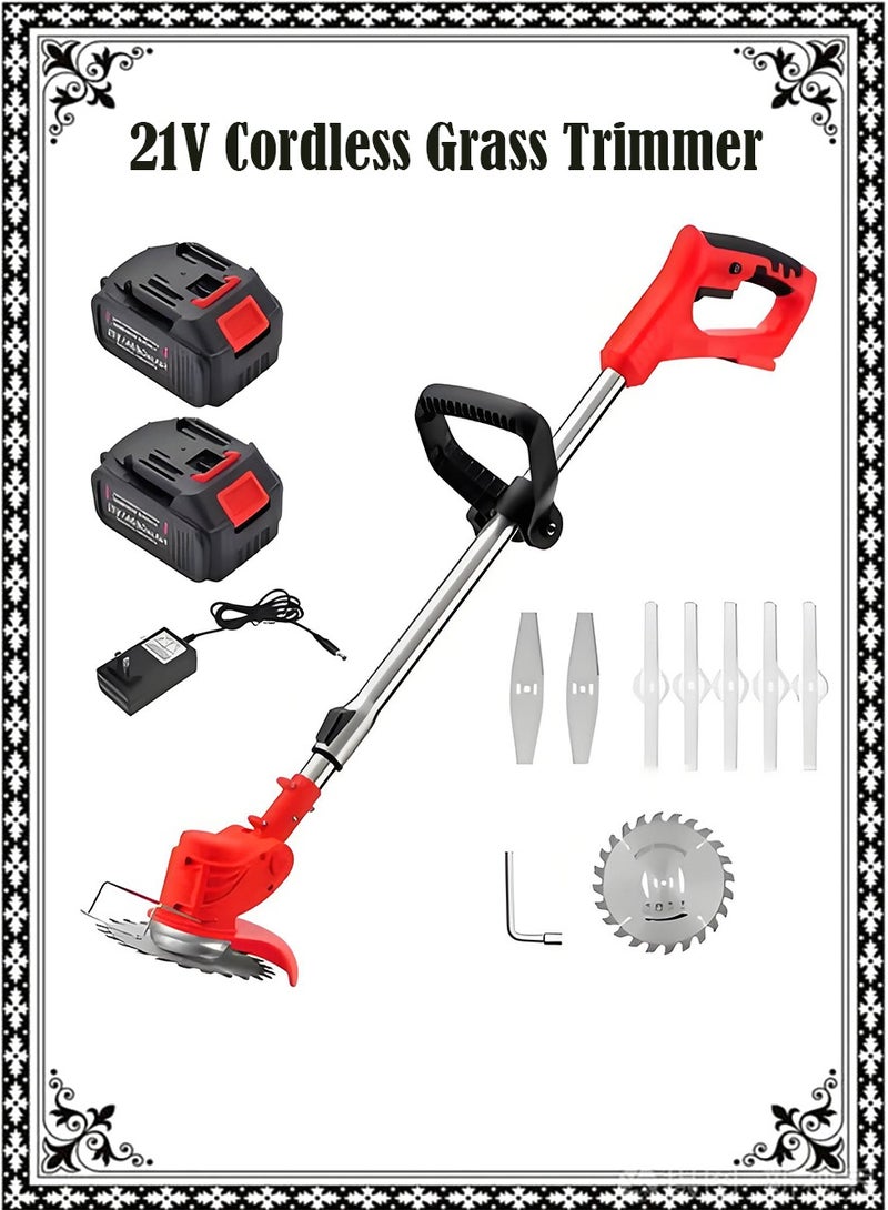 21V Cordless Grass Trimmer with 2pcs 4.0Ah Battery, Fast Charger and 3 Types Cutting Blade, Portable Electric Lawn Trimmer for Garden Yard Lawn Pruning/Trimming Work - Image 1