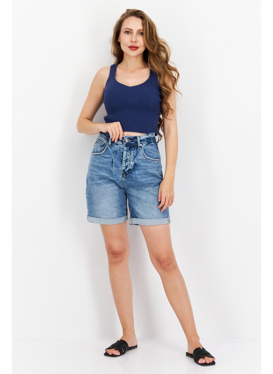 Earnest Sewn Women Washed Denim Short, Blue  - Image 3