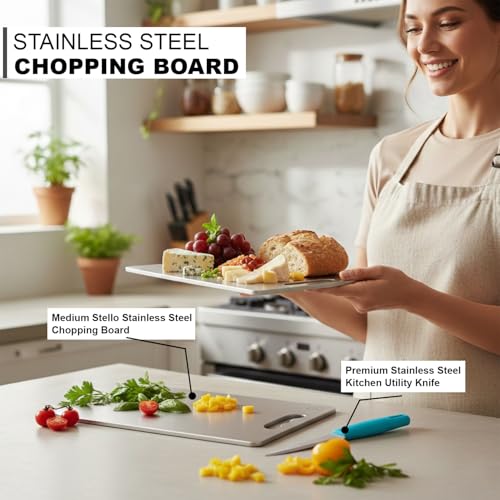 SUPERMOM Kitchen Tool 2 Pc – Combo of Medium Stainless Steel Chopping Board with Stainless Steel Kitchen Utility Knife – Rustproof, Hygienic Cutting Surface for Fruits, Veggies, Meat & Daily Food Prep - Image 2