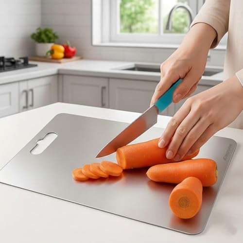 SUPERMOM Kitchen Tool 2 Pc – Combo of Medium Stainless Steel Chopping Board with Stainless Steel Kitchen Utility Knife – Rustproof, Hygienic Cutting Surface for Fruits, Veggies, Meat & Daily Food Prep - Image 1