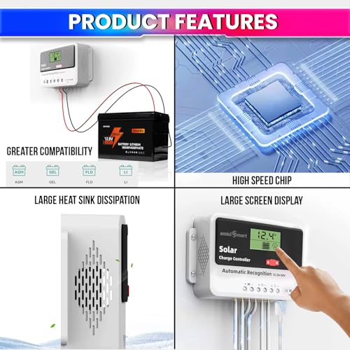 amiciSmart Solar Charge Controller 50A, Intelligent Battery Regulator for Solar Panel LCD Display with USB Port 12V/24V/48V, 2.4kW (50A) - Image 4