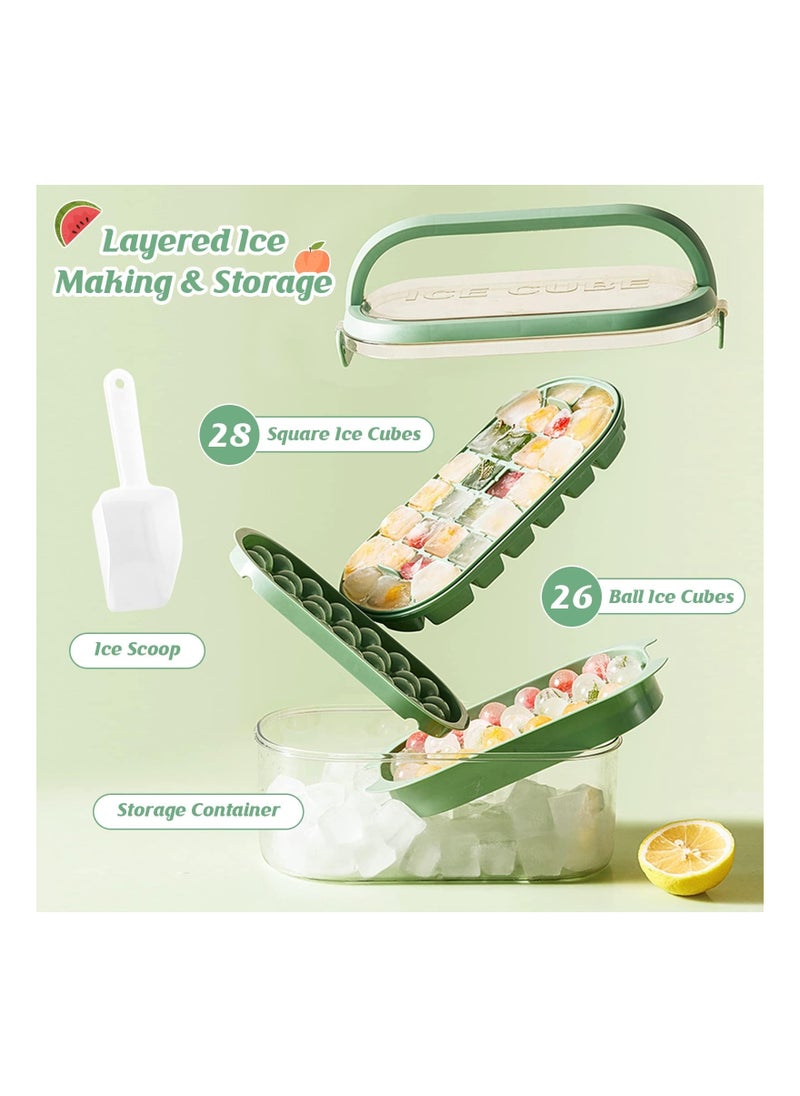 Cuken - Ice Cube Tray, Easy Release 28pieces Cube Molds and 26pieces Circle Ball Ice Trays Bpa Free Stackble Spill Resistant Removable Molds with Portable Storage Ice Bucket, Ice Scoop Green - Image 1