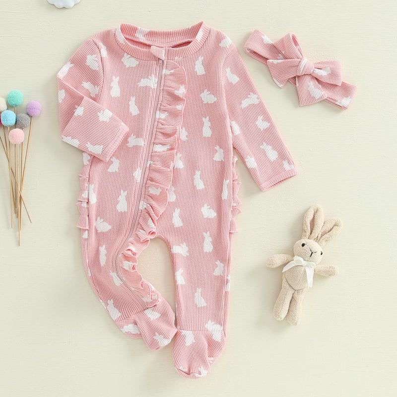 YINGISFITM My First Easter Baby Girl Boy Outfit Footie Romper Waffle Knit Zipper Onesie Jumpsuit Newborn Easter Clothes (Pink bunny, 3-6 Months) - Image 2