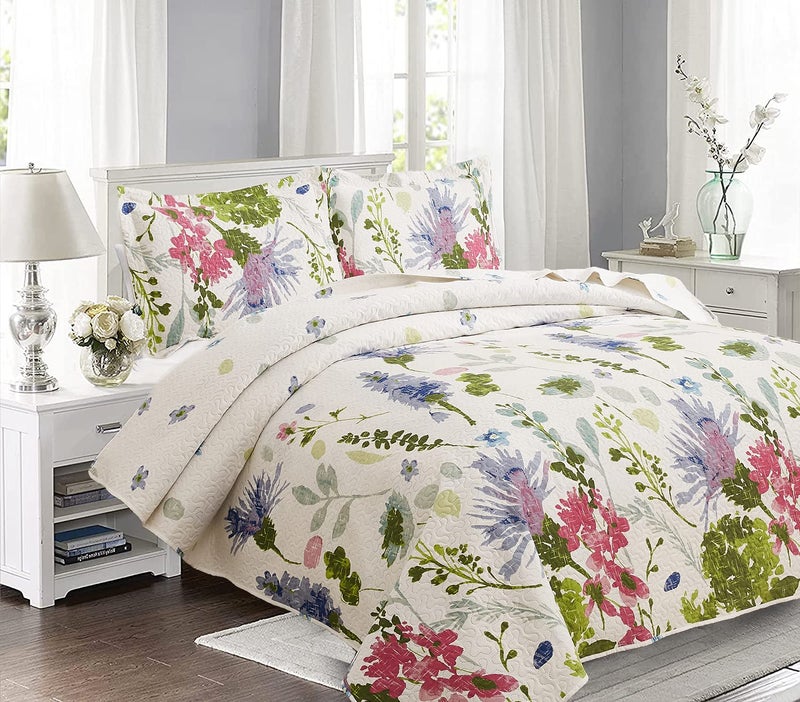 Jarson Jarson Floral Quilts Set FullQueen Size 3Pcs Lightweight Summer Bedspreads Country Purple Flowers Bedding Botanical Plant Reversible Coverlets Microfiber Bed Cover 1 Quilt 2 Pillow Shams 