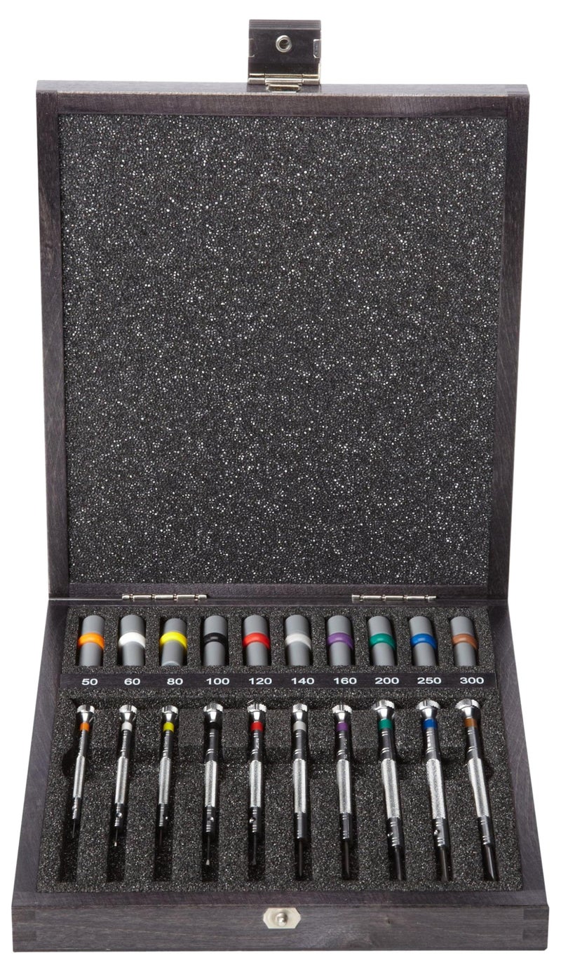 Bergeon 55-606 30009 Set of 9 Screwdrivers with 9 Tubes with Spare Blades in Wooden Box Watch Repair Kit - Image 1