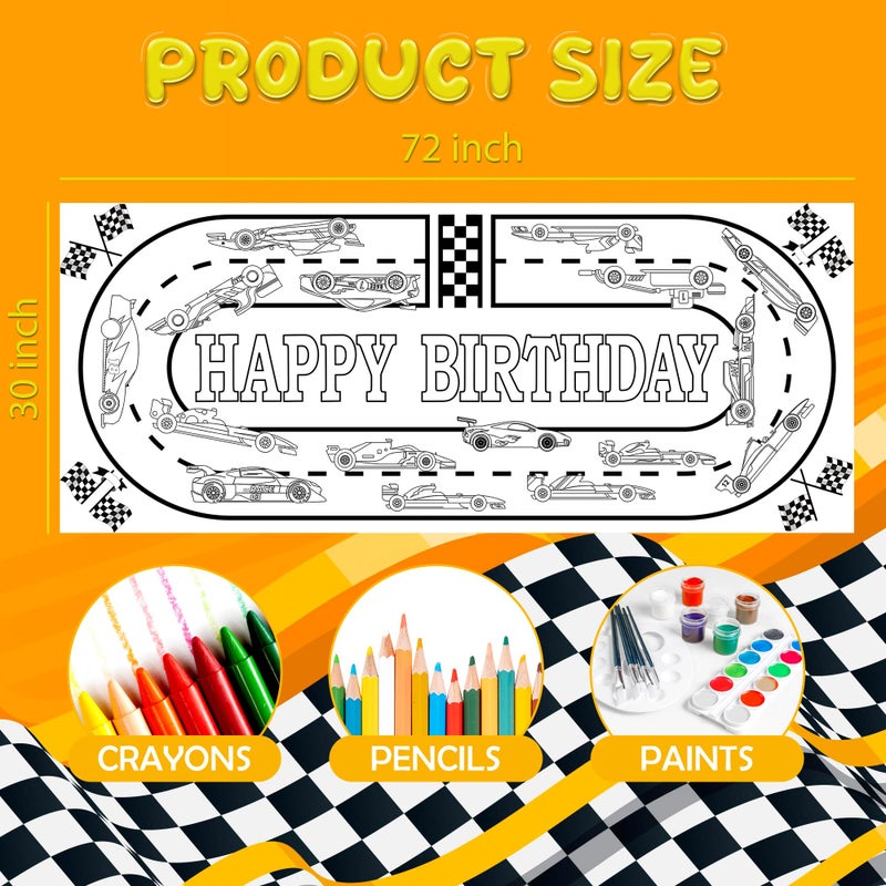 OHOME Race Car Giant Coloring Poster/Tablecloth - Race Car Birthday Party Decorations - 30 x 72 Inches Jumbo Coloring Banner Kids Crafts Activities Decor Party Supplies - Image 2