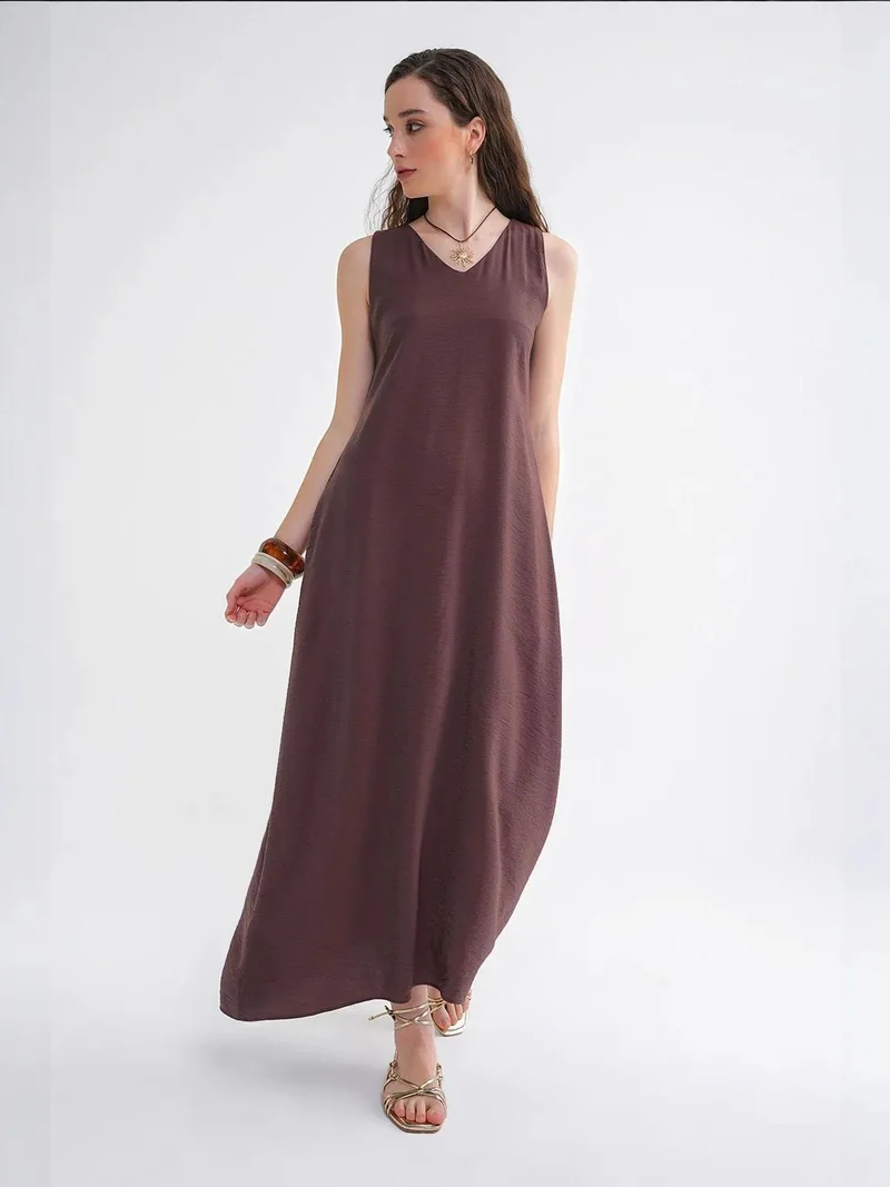 Mixray Coffee Brown Mixray V-Neck Sleeveless Maxi Dress with Pockets for Women | Best Price UAE