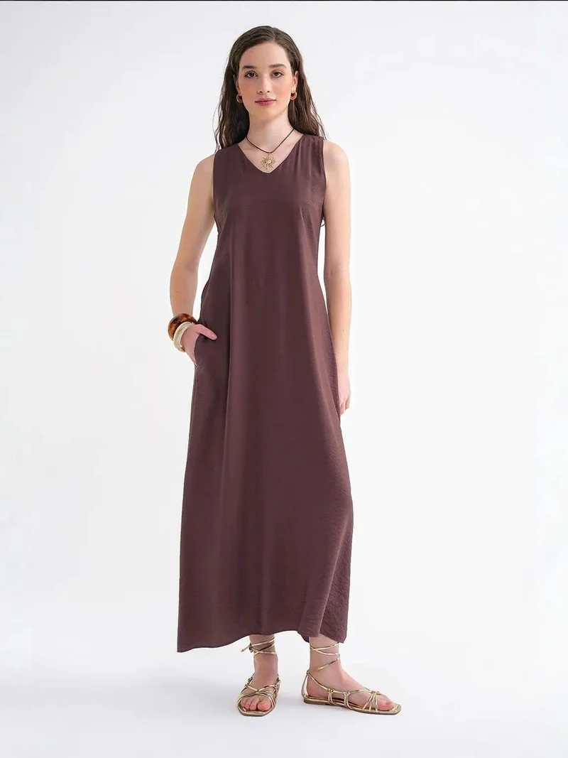 Mixray Coffee Brown Mixray V-Neck Sleeveless Maxi Dress with Pockets for Women | Best Price UAE