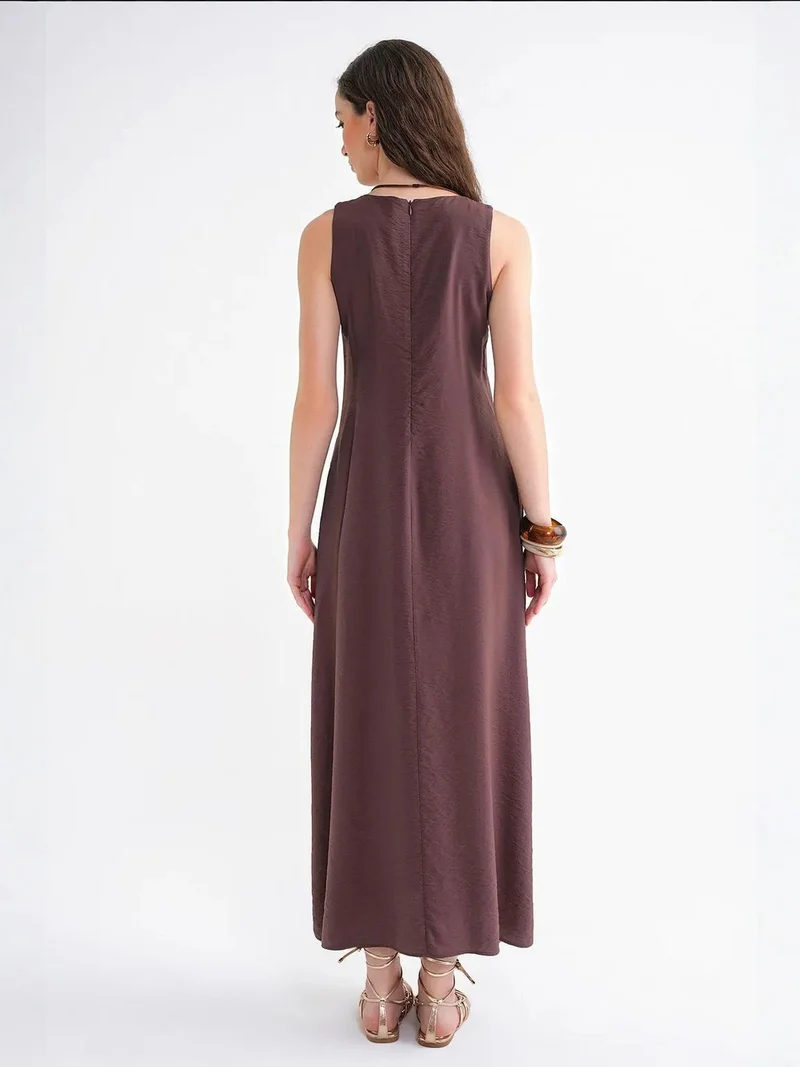 Mixray Coffee Brown Mixray V-Neck Sleeveless Maxi Dress with Pockets for Women | Best Price UAE