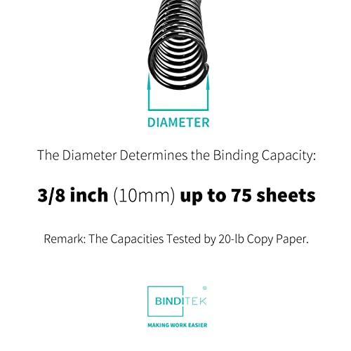 Binditek 100 Pack Plastic Spiral Binding Coils, 10mm(3/8"), 75 Sheet Capacity, 4:1 Pitch, Black, 48Loops, for Letter Size, for Students and Coworkers - Image 2