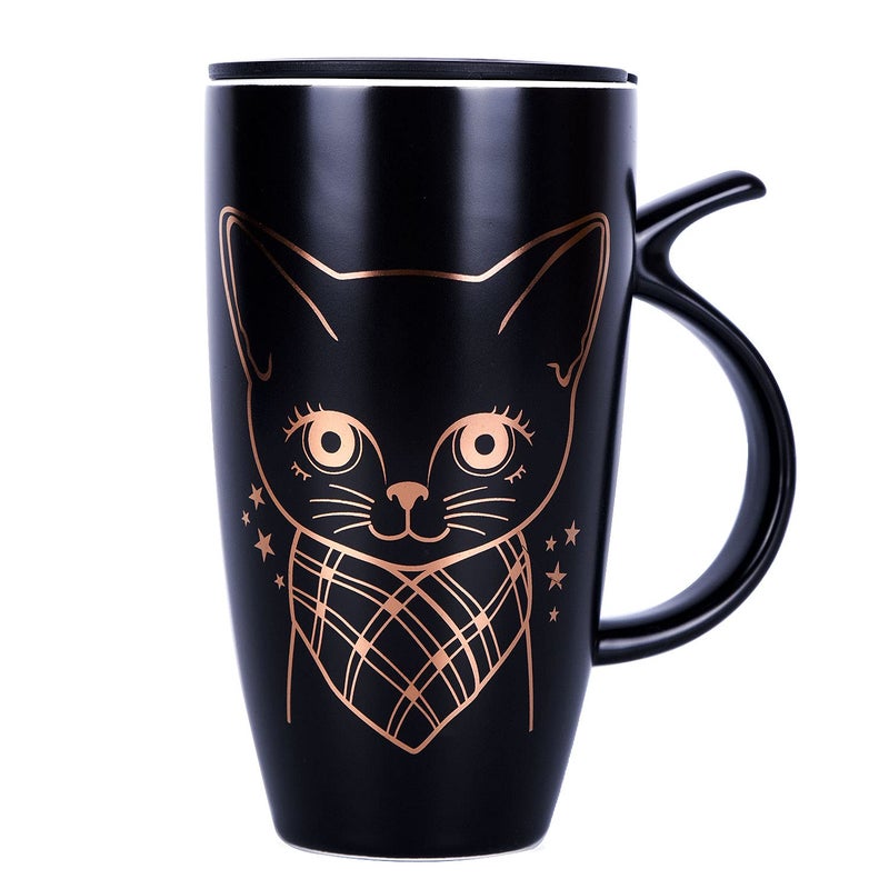 WHJY 20oz Large Black Cute Cat Ceramic Coffee Mug Cup with Splashproof Lid Cat Tail Shape Handle Animal Cat Mug Tumbler black