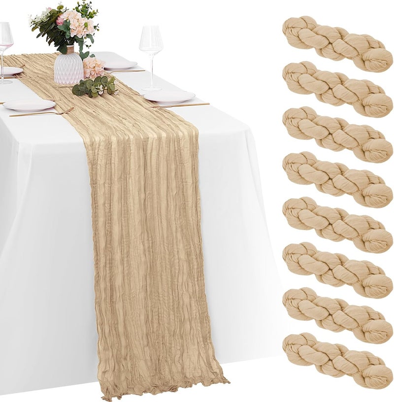 Yorcari 8 Pack Beige Cheesecloth Table Runners 20x120 Inch Gauze Table Runner Cheese Cloth 10FT Beige Table Runner Rustic Sheer Runner for Wedding Birthday Party Baby Shower Table Decor - Image 1
