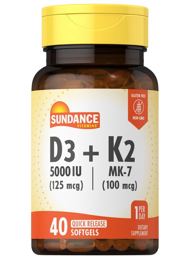 Sundance ساندانس فيتامين D3 K2 | 40 كبسولة سريعة الذوبان | 5000 وحدة دولية | مكمل غير معدل وراثيًا وخالي من الجلوتين - Image 1