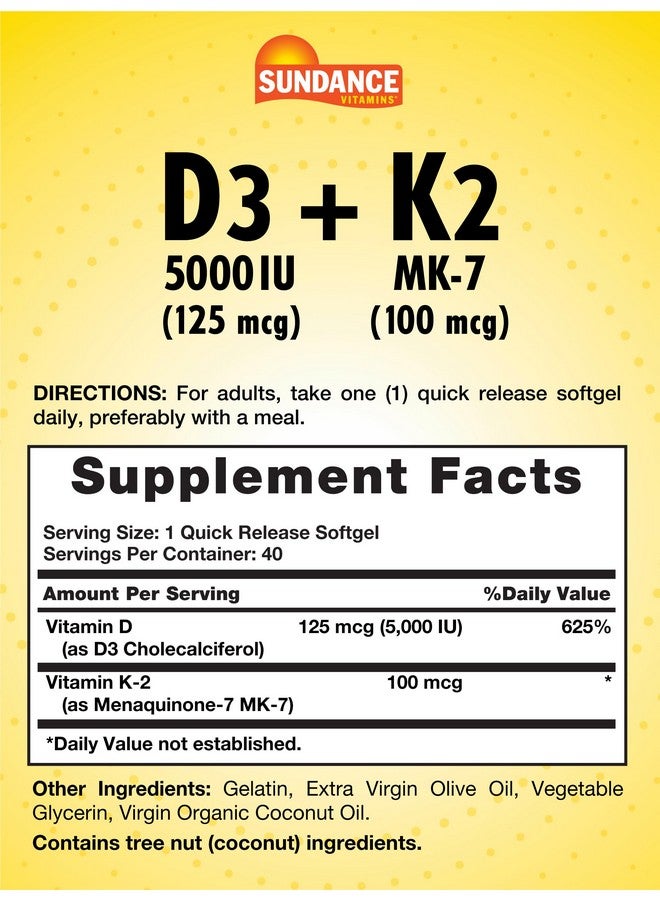 Sundance ساندانس فيتامين D3 K2 | 40 كبسولة سريعة الذوبان | 5000 وحدة دولية | مكمل غير معدل وراثيًا وخالي من الجلوتين - Image 2
