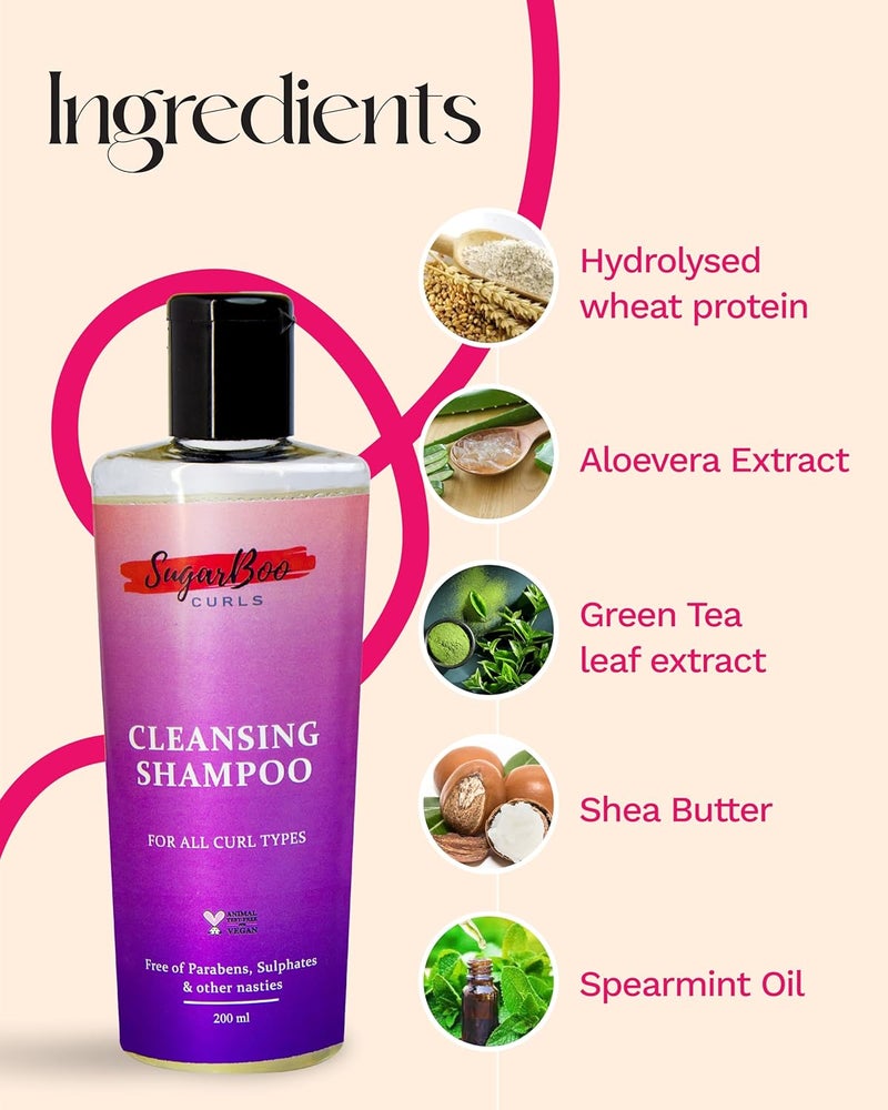 SugarBoo Curls Cleansing Shampoo 200ml for Dry Frizzy Wavy Curly Hair Vegan CG Friendly No Parabens Sulphates Other Nasties - Image 4