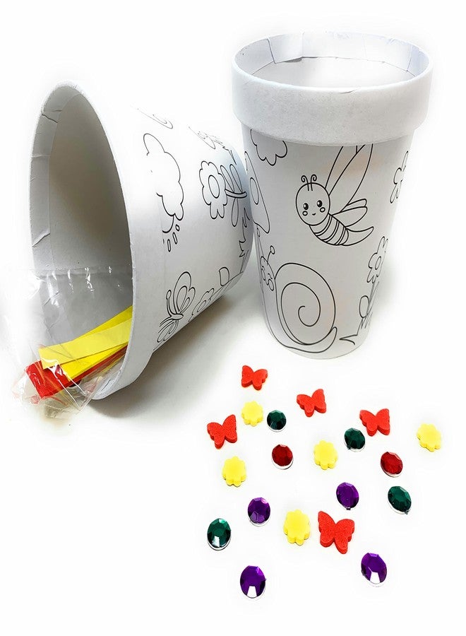 Funiverse Deluxe Classroom Bulk 12 Pack of Decorate Your Own DIY Cardstock Craft Flower Pots with Hundreds of Foam Flowers and Bugs, and Acrylic Gems and Jewels - Image 1