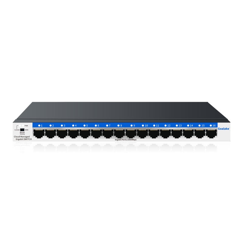 Goalake 16 Port Gigabit Switch, Easy Smart Managed Ethernet Switch, Network Hub, Ethernet Splitter, Plug & Play, Fanless Metal Design, VLAN, Qos, Desktop or Wall Mount - Image 1