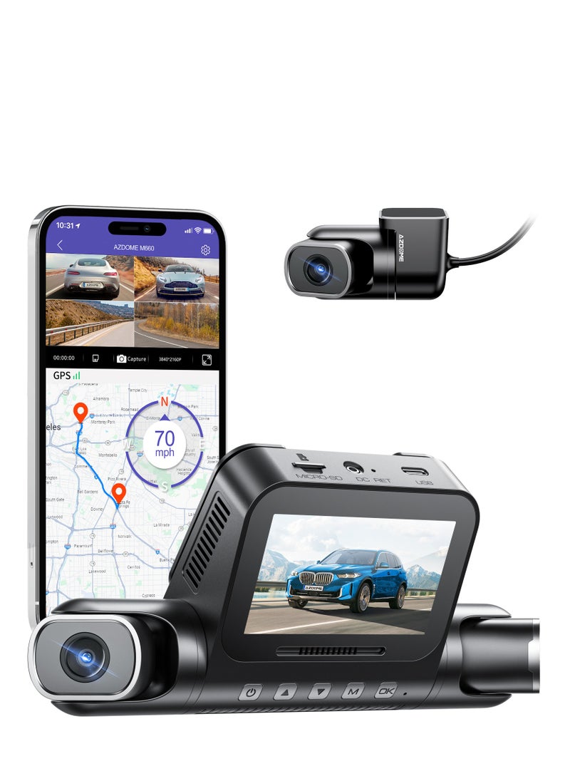 أزدوم - AZDOOM M660 Dash Cam عبارة عن مسجل كاميرا متعدد الكاميرات عالي الجودة بدقة 4K مع ميزات مثل GPS وWi-Fi وBluetooth والتحكم الصوتي وهو يدعم وضع وقوف السيارات مع الفاصل الزمني والتسجيل الحلقي - Image 1