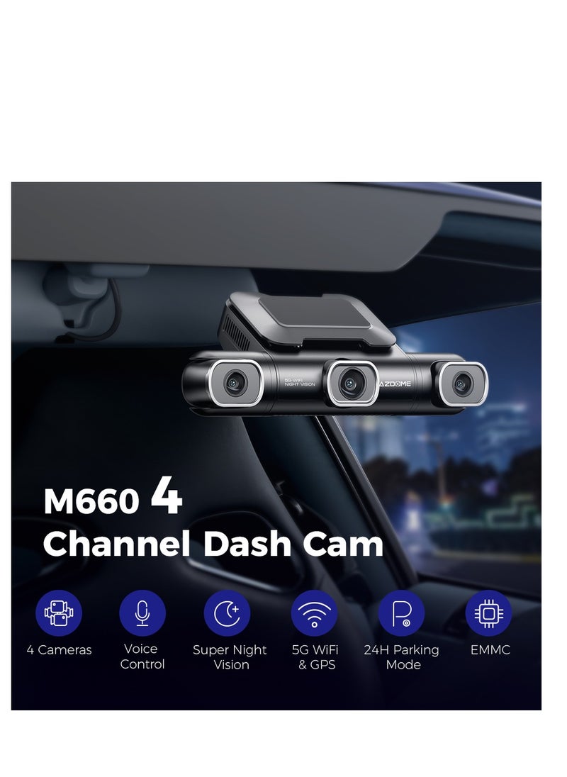 أزدوم - AZDOOM M660 Dash Cam عبارة عن مسجل كاميرا متعدد الكاميرات عالي الجودة بدقة 4K مع ميزات مثل GPS وWi-Fi وBluetooth والتحكم الصوتي وهو يدعم وضع وقوف السيارات مع الفاصل الزمني والتسجيل الحلقي - Image 1