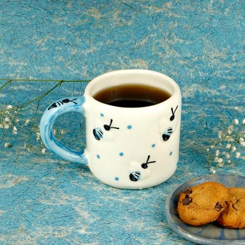 Green Route Bee Design Coffee Tea Mug | 450 Ml Handmade Ceramic Mug with Blue Dots in Background | Perfect for Guest, Office & Home Uses | Dishwasher & Microwave Safe | Set of 1 (White and Blue) - Image 1