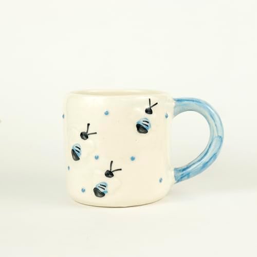 Green Route Bee Design Coffee Tea Mug | 450 Ml Handmade Ceramic Mug with Blue Dots in Background | Perfect for Guest, Office & Home Uses | Dishwasher & Microwave Safe | Set of 1 (White and Blue) - Image 4