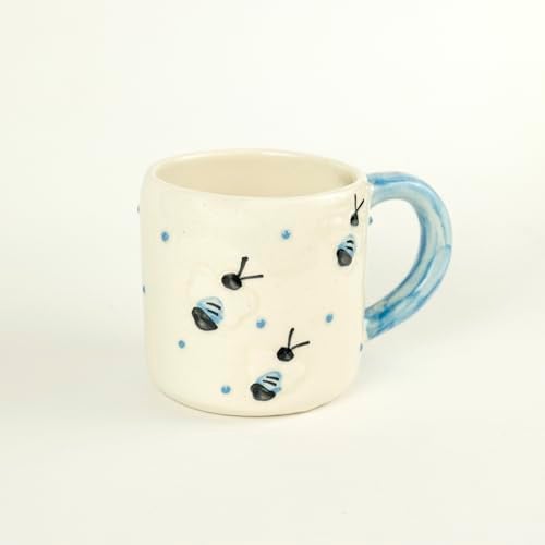 Green Route Bee Design Coffee Tea Mug | 450 Ml Handmade Ceramic Mug with Blue Dots in Background | Perfect for Guest, Office & Home Uses | Dishwasher & Microwave Safe | Set of 1 (White and Blue) - Image 5