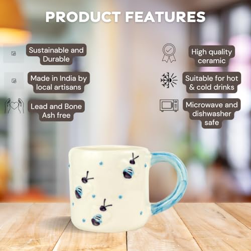Green Route Bee Design Coffee Tea Mug | 450 Ml Handmade Ceramic Mug with Blue Dots in Background | Perfect for Guest, Office & Home Uses | Dishwasher & Microwave Safe | Set of 1 (White and Blue) - Image 2