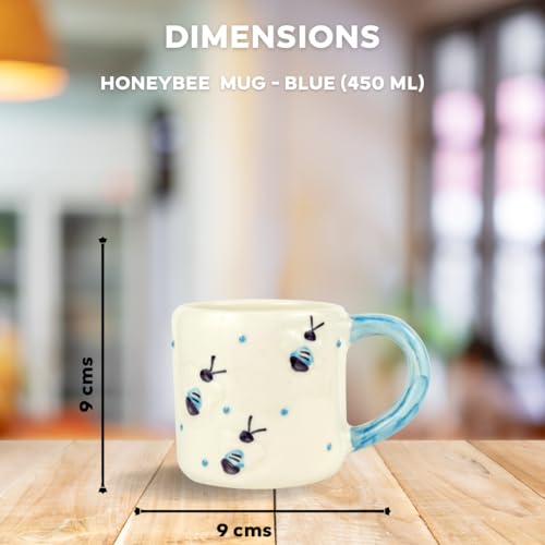 Green Route Bee Design Coffee Tea Mug | 450 Ml Handmade Ceramic Mug with Blue Dots in Background | Perfect for Guest, Office & Home Uses | Dishwasher & Microwave Safe | Set of 1 (White and Blue) - Image 3