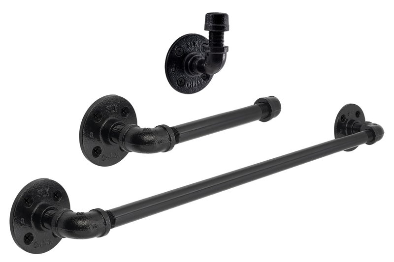 Industrial Pipe Bathroom Hardware Fixture Set by Pipe Decor 3 Piece Kit Includes Robe Hook 18 Inch Towel Bar and Toilet Paper Holder Heavy Duty DIY Style Modern Chic Electroplated Black Finish