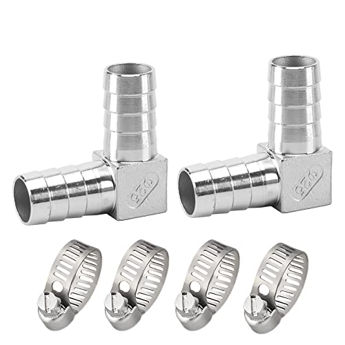 Pysrych Stainless Steel Hose Barb Fitting 90 Degree Elbow 5/8" Barbed x 5/8" Barbed Right Angle L Shaped Connector with 4pcs Hose Clamps (Pack of 2) - Image 1
