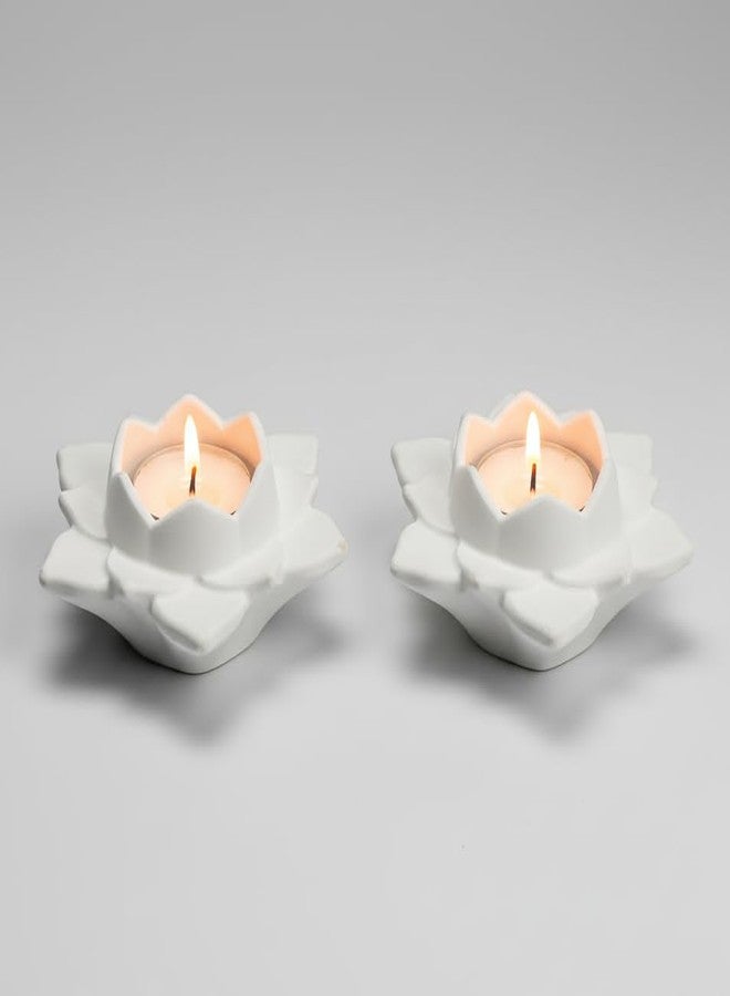 Concrete Decorative Handcrafted Lotus Tealight Holder Best for Home Decor/Special Occasion/Candle Stand for Living Room/Office Table Showcase/Dining Room Decor/Diwali Decoration (Pack of 2)(White) - Image 3