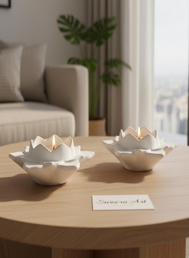 Concrete Decorative Handcrafted Lotus Tealight Holder Best for Home Decor/Special Occasion/Candle Stand for Living Room/Office Table Showcase/Dining Room Decor/Diwali Decoration (Pack of 2)(White) - Image 2