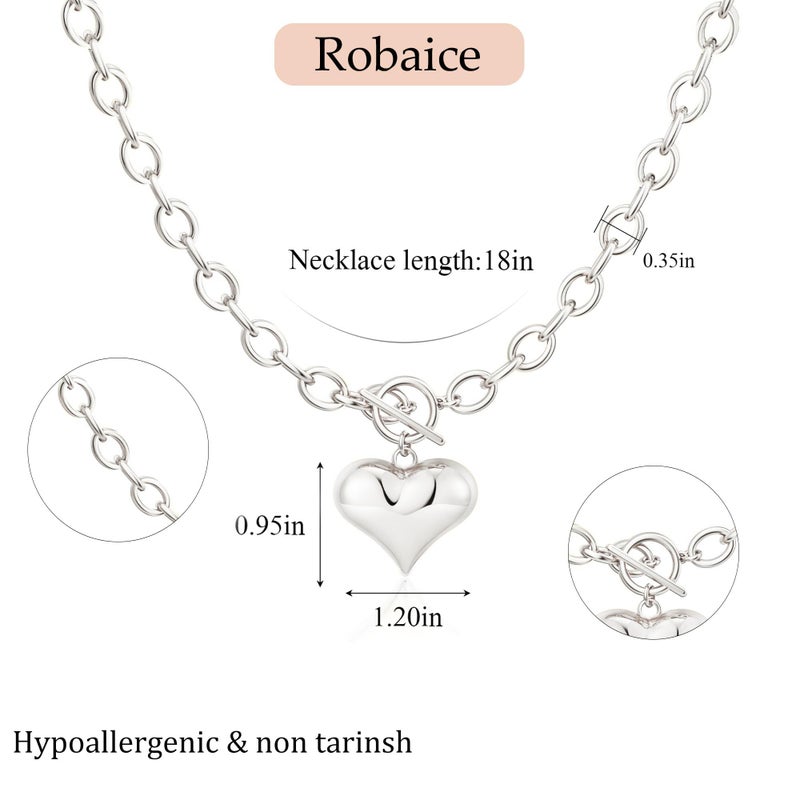 Robaice Chunky Silver Heart Necklace for Womenï¼ŒSilver Plated Chunky Heart Pendant Bold Chain Necklace with Toggle Claspï¼ŒWaterproof Non Tarnish Hypoallergenic Chunky Statement Jewelry Gift for Women - Image 3
