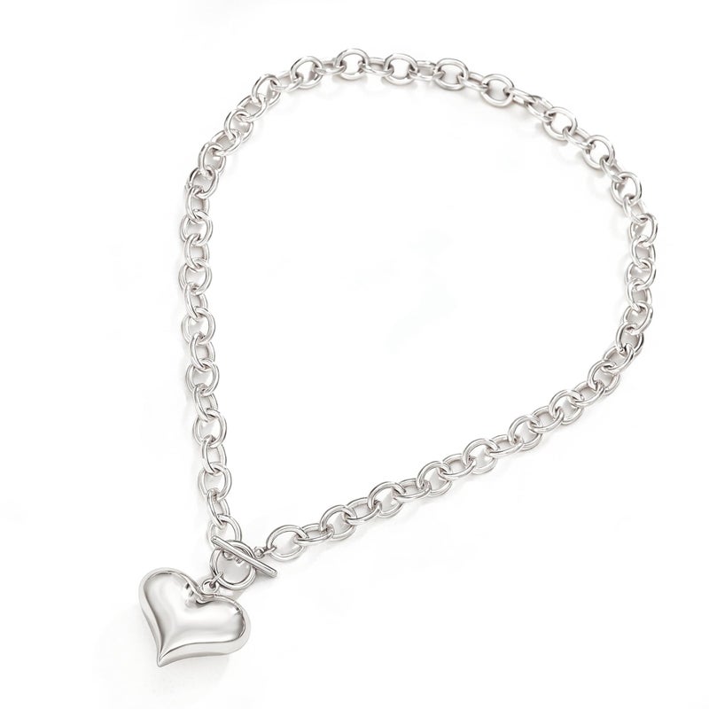 Robaice Chunky Silver Heart Necklace for Womenï¼ŒSilver Plated Chunky Heart Pendant Bold Chain Necklace with Toggle Claspï¼ŒWaterproof Non Tarnish Hypoallergenic Chunky Statement Jewelry Gift for Women - Image 1