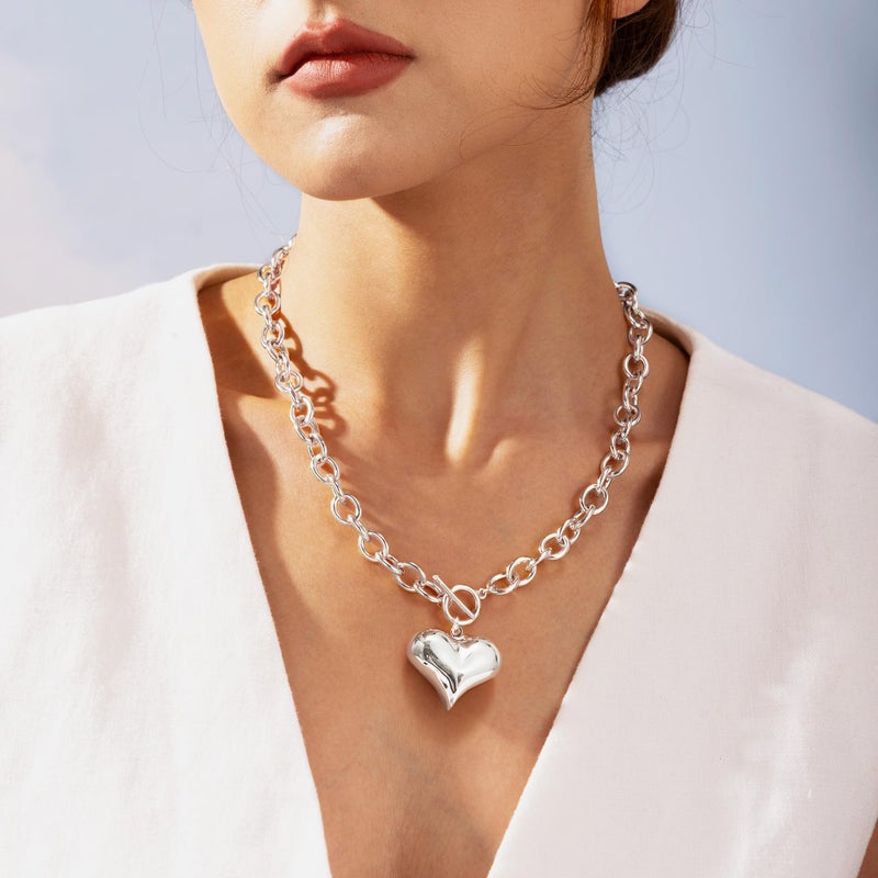 Robaice Chunky Silver Heart Necklace for Womenï¼ŒSilver Plated Chunky Heart Pendant Bold Chain Necklace with Toggle Claspï¼ŒWaterproof Non Tarnish Hypoallergenic Chunky Statement Jewelry Gift for Women - Image 2