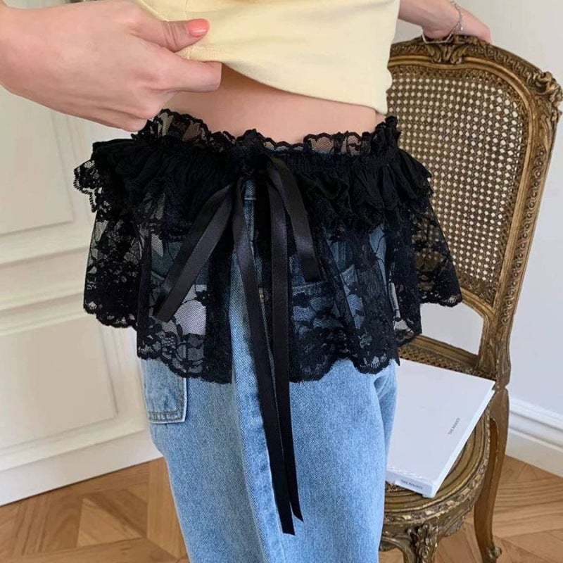 South Korea Dongdaemun 2024 Spring and Summer New Heavy Industry Lace Lace Ear Short Fart Curtain Apron Curtain Swing Skirt Black