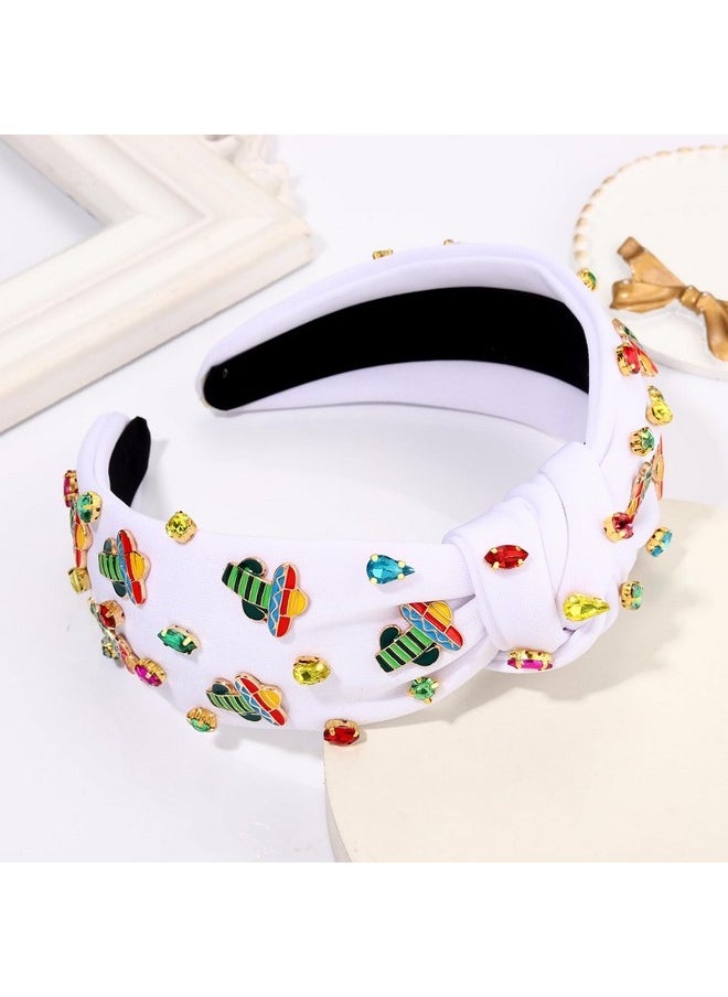 Boderier Cinco De Mayo Headband Fiesta Sombrero Avocado Cactus Headband Crystal Jeweled Knotted Headband Mexican Holiday Headband Hair Accessories Decorations Gifts (White Cactus B)  - Image 3